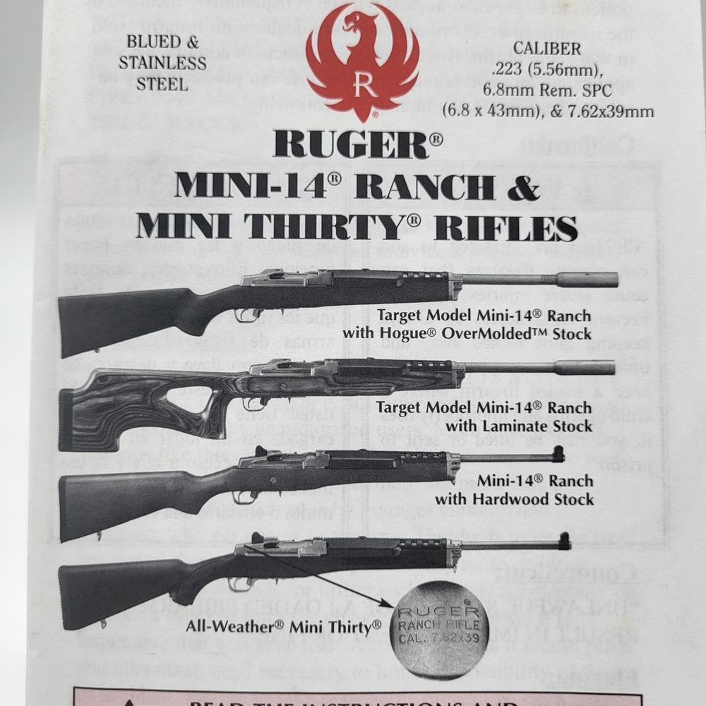 Ruger Instruction Manual For A Ruger Mini-14 Ranch & Mini Thirty Rifles - Picture 2 of 6